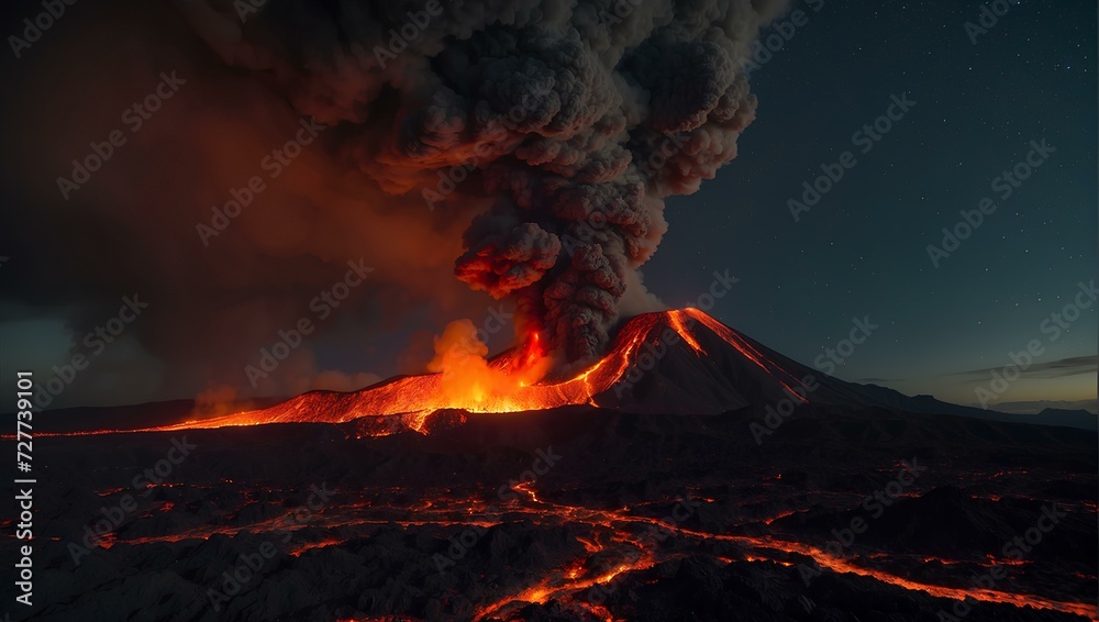 Witness the fiery spectacle unfolding under the night sky as lava cascades down the slopes of the erupting volcano