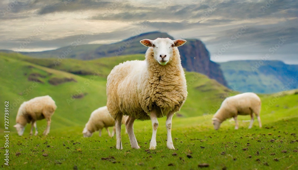 Fototapeta premium Sheep grazing on the beautiful green grass , nature