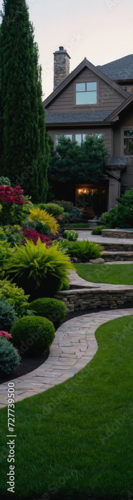 Obraz premium Inspiration for a Saturated Urban neighbourhood, Cozy Urban House, wide shots of home gardens, lawns, yards, decks and spaces for outdoor entertaining, building design, modern architecture concept