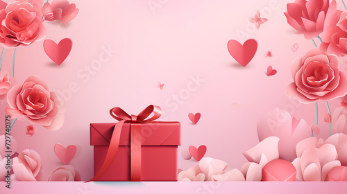 valentine's day banner with symbols of holiday gift on pink background