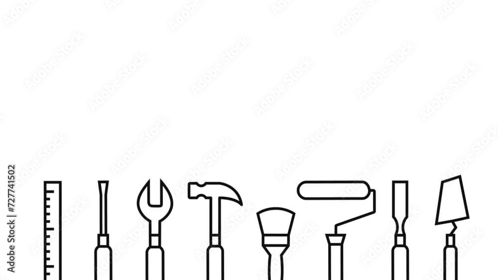 Work tools moving smoothly into frame with copyspace left as construction and building industry, facility management, renovation or maintenance related animation Work tools moving smoothly into frame with copyspace left as construction and building industry, facility management, renovation or maintenance related animation
