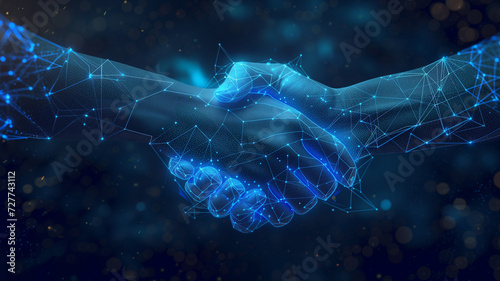 Abstract representation of a handshake, depicted as hands formed by interconnected lines and dots, radiating a cool blue and white luminescence, set against a dark network grid background.