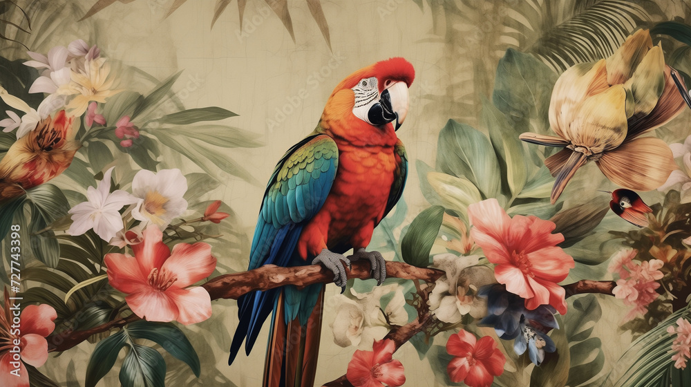 a parrot with a tropical background