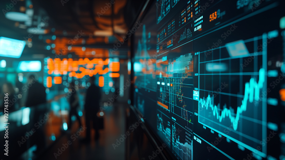 Digital screens display surging stock market graphs, with traders intently studying the illuminated charts, the depth of field emphasizing the charts in the foreground.