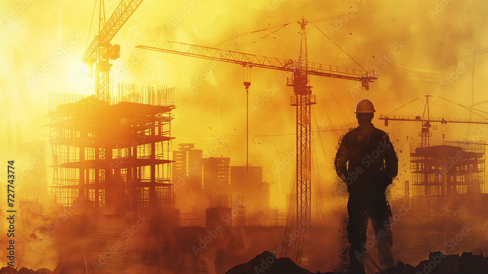 Engineer's distinct silhouette foregrounded against a scene of cranes and incomplete buildings. This artwork is a watercolor on textured paper. Engineer's distinct silhouette foregrounded against a scene of cranes and incomplete buildings. This artwork is a watercolor on textured paper.