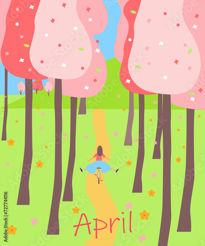 Spring sale template with a girl riding a bicycle. Vector illustration eps10.  Picture of a green spring meadow with blooming pink trees.