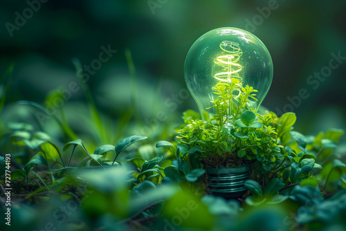 Tree growing in light bulb on blurred nature background. saving energy Earth Day and environmental care. ecosystem and healthy environment concept