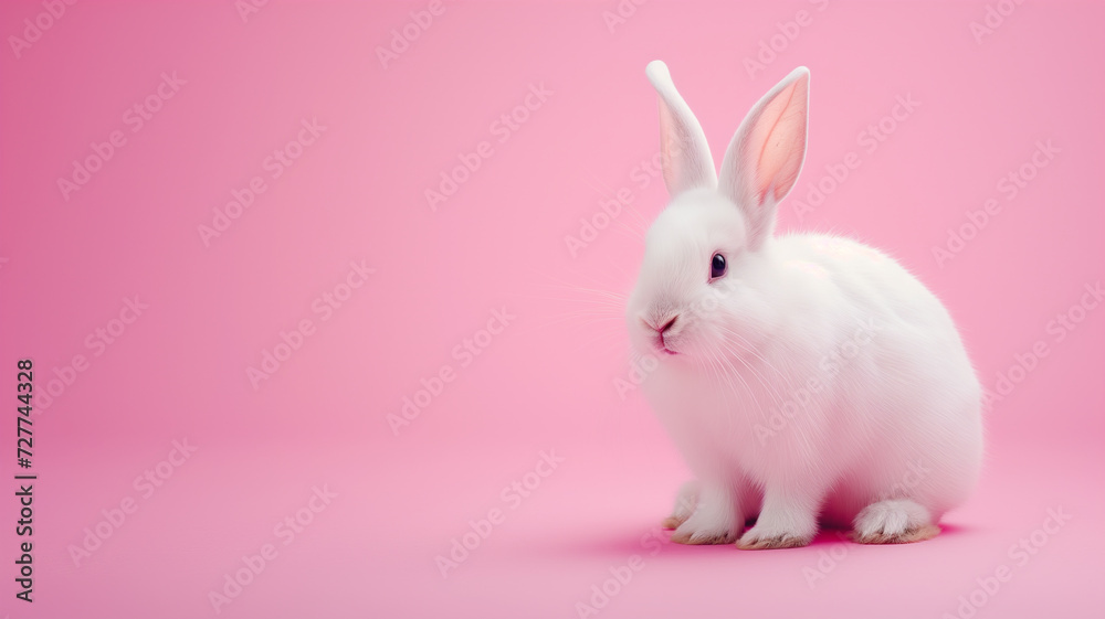 White rabbit on a pink background, a fluffy white rabbit sitting calmly, soft pink background White rabbit on a pink background, a fluffy white rabbit sitting calmly, soft pink background