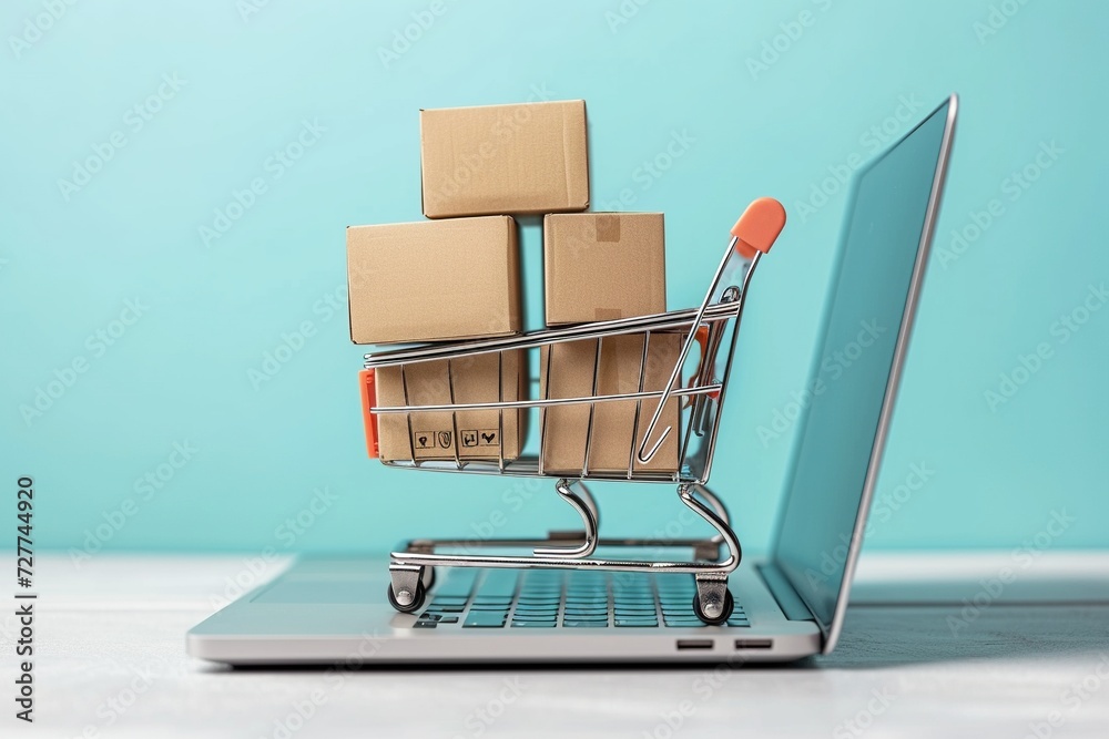 Online shopping concept with a cart full of boxes on top of a laptop computer. AI Generated
