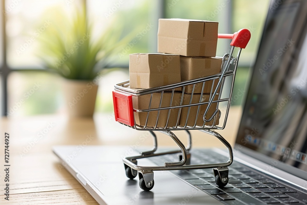 Online shopping concept with a cart full of boxes on top of a laptop computer. AI Generated