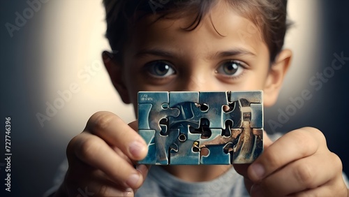 closeup of boy holding puzzle World Autism Awareness Day concept