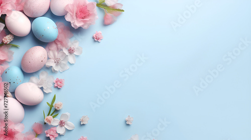 Easter background, pastel Easter eggs and spring pink blossoms graces the top edge of a serene blue background, providing a spacious area for heartfelt Easter wishes.