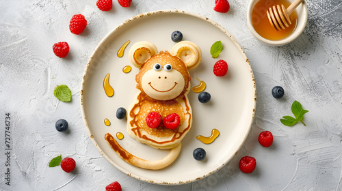 children's breakfast pancakes in the shape of a monkey decorated with raspberries and blueberries and honey on a light gray concrete background, top view with copy space for recipe