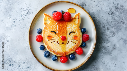 children's breakfast pancakes in the shape of a cat with berries and honey on a light gray concrete background, top view with copy space for recipe