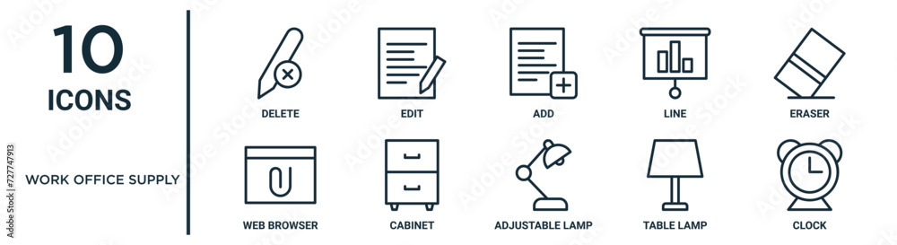 work office supply outline icon set such as thin line delete, add ...