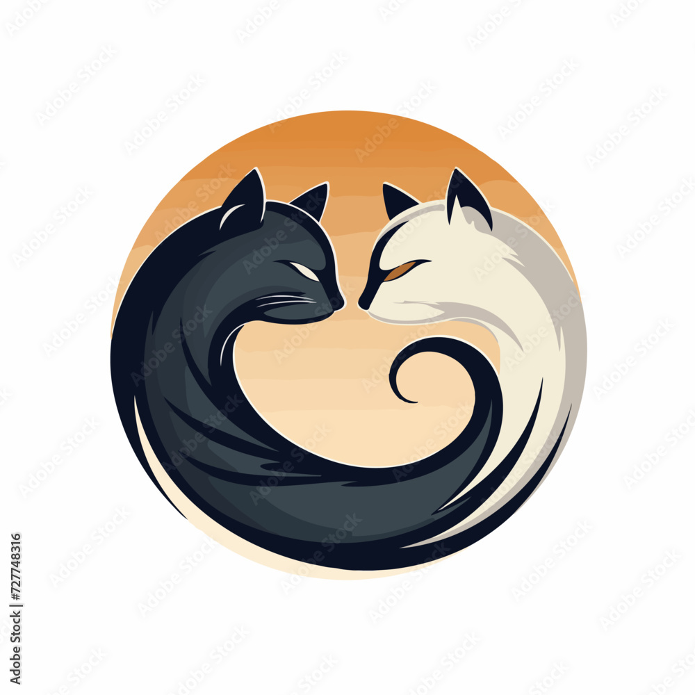 Two yin yang cats in cartoon, doodle style. Image for t shirt. Isolated 2d vector illustration in logo, icon, sketch style, Eps 10. AI Generative