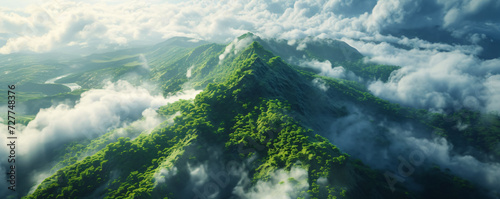 an aerial view over a mountain surrounded by lush green forests and clouds