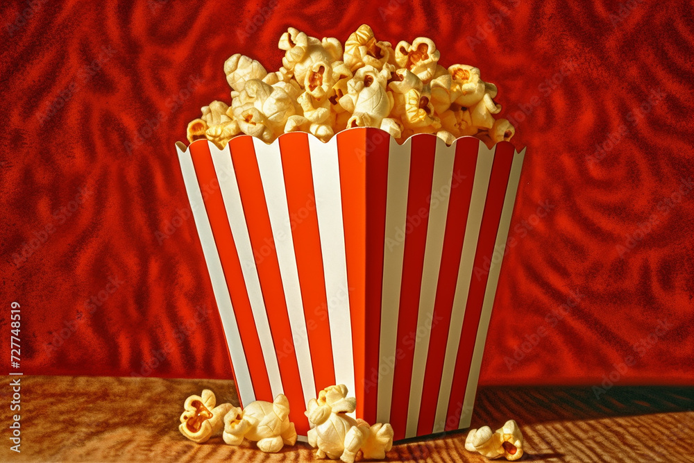 A large tub of popcorn for cinema, commercial on a stylized pop art style on blue background.