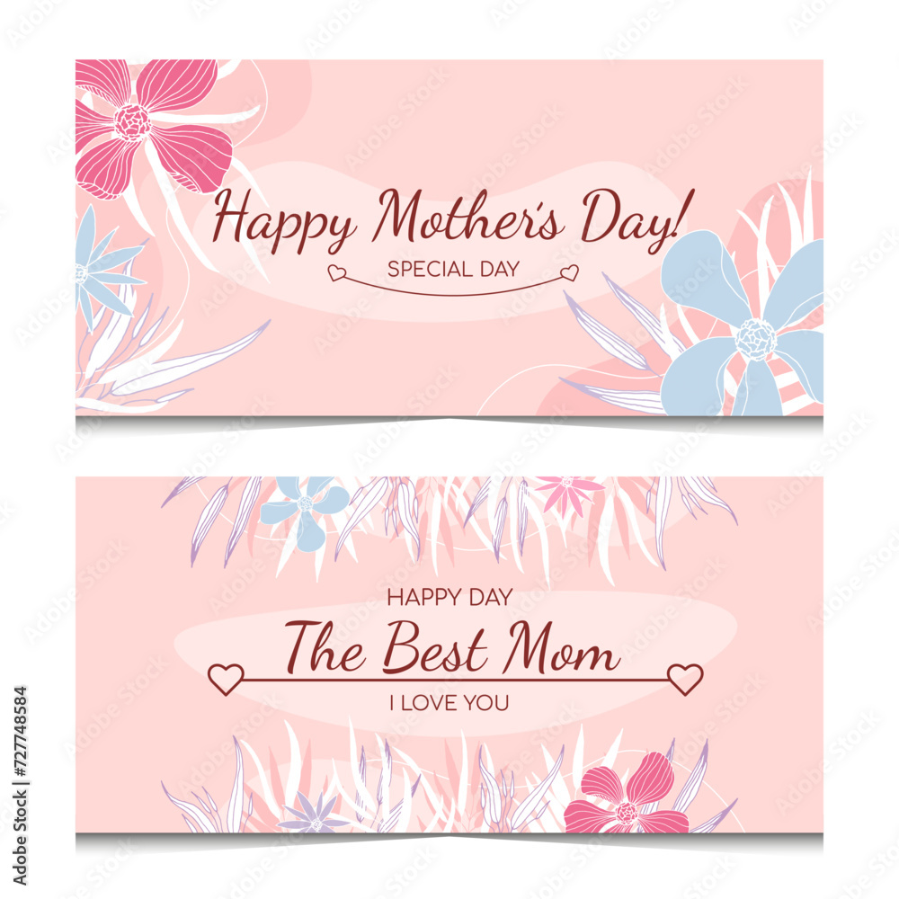 Two horizontal greeting cards in pink colors. Mother's Day postcards. Horizontal templates with elegant colored doodle leaves and flowers. Isolated on white background. Happy Mothers day card.
