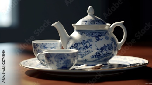 Tea set on the wooden table. Teapot and cups.