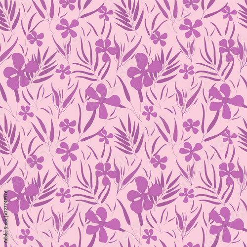 Seamless square pattern with elegant pink leaves and flowers.Pattern on changeable pink background.Elegant texture for printing on fabric paper.Flat illustration style. Floral botanical pattern.