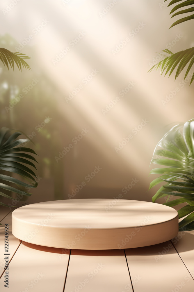 minimal product display podium with palm leaves background. minimal product display podium with palm leaves background.