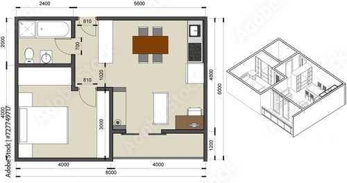 3D Axonometric Illustration of Apartment Floor Plan-Building Interior