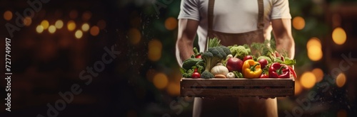 Man standing in front of crate of vegetables.