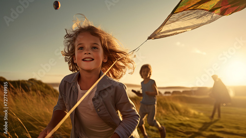 Child Playing with Kite on a Field