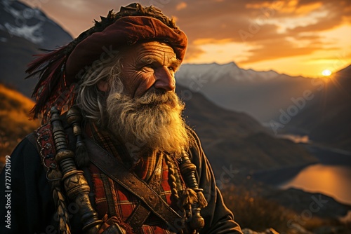 an old celtic bagpipe player with a impressive background of a beautiful sunset scenery of scottish highlands photo