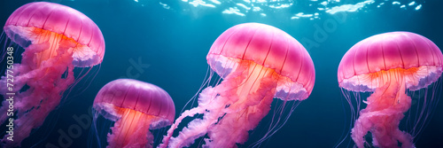 Majestic Jellyfish Gliding Underwater in the Ocean.A graceful group of pink jellyfish floats through the tranquil blue waters of the ocean, illuminated by a soft light from above