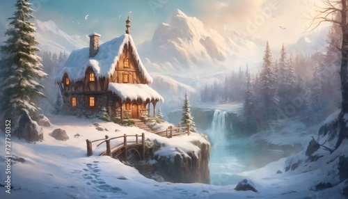 Enchanted Winter Cabin at Twilight in Snowy Forest.A picturesque scene unfolds as a cozy cabin with illuminated windows nestles in a tranquil, snow-covered forest, under a twilight sky.