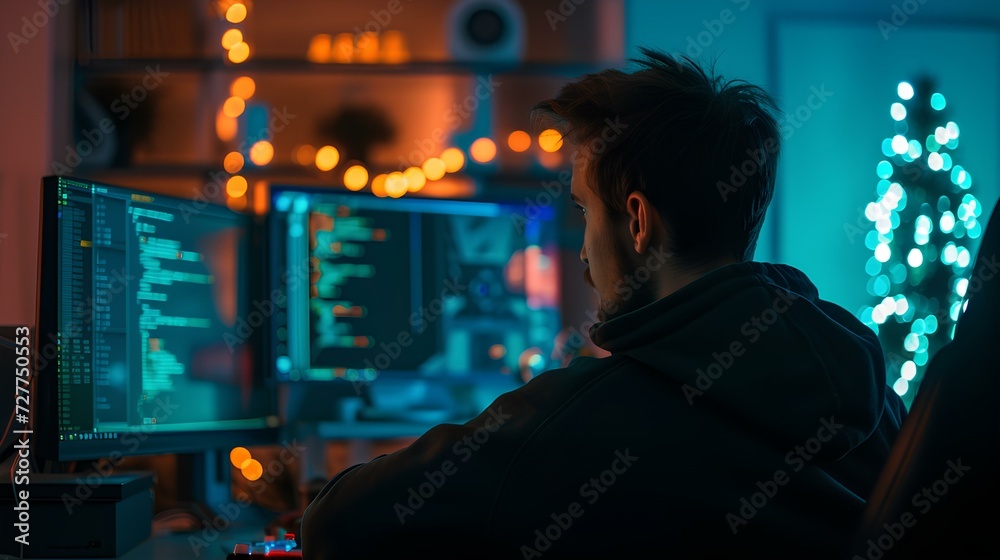 a hiding professional hacker looking at his computer at night, online cybercrime, computer virus distribution. Internet crime concept. generative AI a hiding professional hacker looking at his computer at night, online cybercrime, computer virus distribution. Internet crime concept. generative AI