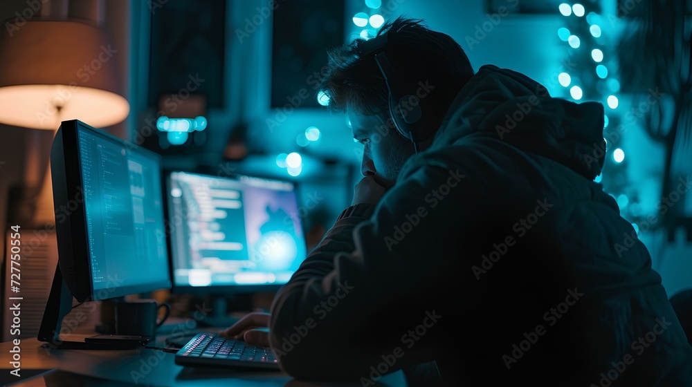 a hiding professional hacker looking at his computer at night, online cybercrime, computer virus distribution. Internet crime concept. generative AI a hiding professional hacker looking at his computer at night, online cybercrime, computer virus distribution. Internet crime concept. generative AI