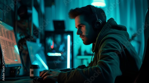 a hiding professional hacker looking at his computer at night, online cybercrime, computer virus distribution. Internet crime concept. generative AI
