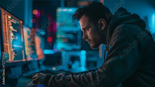 a hiding professional hacker looking at his computer at night, online cybercrime, computer virus distribution. Internet crime concept. generative AI