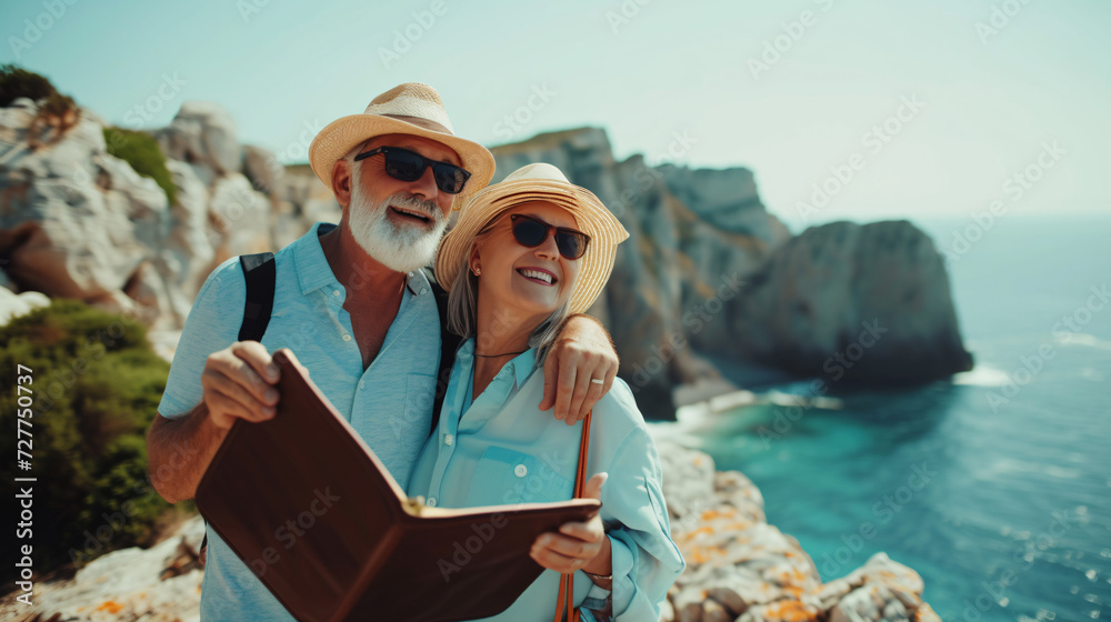 traveling old couple near the sea coast
