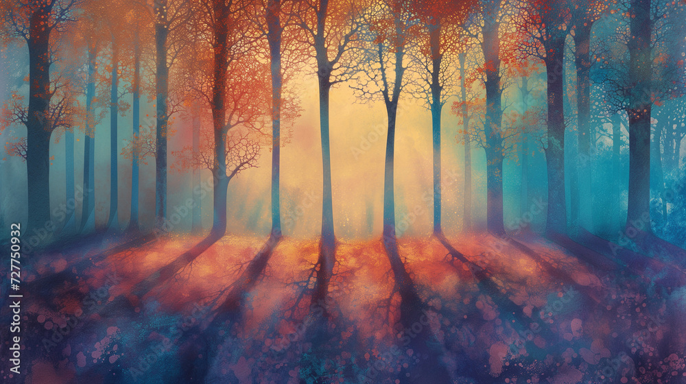 Obraz premium Ethereal forest of glowing, abstract trees casting shadows on a misty, luminescent ground