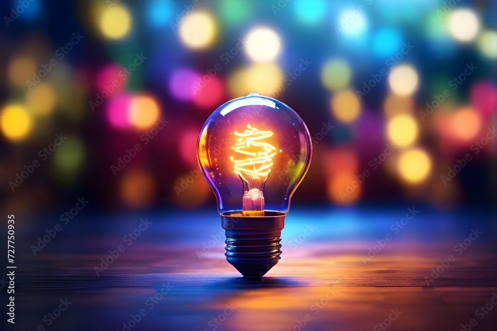Closeup glowing light bulb isolated on dark bokeh colorful background. Business creativity, inspiration, motivation for success, think big ideas, creativity, business innovation, leadership concept Closeup glowing light bulb isolated on dark bokeh colorful background. Business creativity, inspiration, motivation for success, think big ideas, creativity, business innovation, leadership concept
