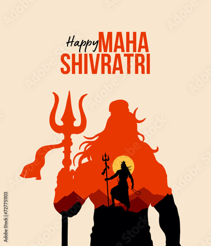 ‘Happy Maha Shivratri’ Hindi calligraphy, Lettering means Lord Shiv Shankar, Himalaya background and Lord Shiva Illustration, Traditional Festival Poster Banner Design Template Vector Illustration