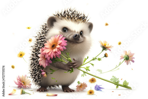hedgehog holding a bouquet of bright spring flowers, radiating warmth and positivity on an isolated white background.