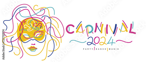 Venice 2024 carnival party dance music. Handwritten typography colorful logo party masked girl isolated on white background poster