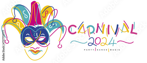 Venice 2024 carnival party dance music. Handwritten typography colorful logo party masked harlekin isolated on white background poster photo