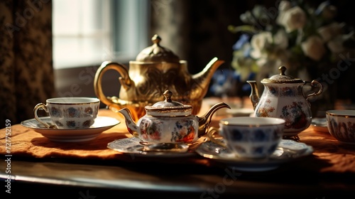 Tea set on a table in a cafe. photo