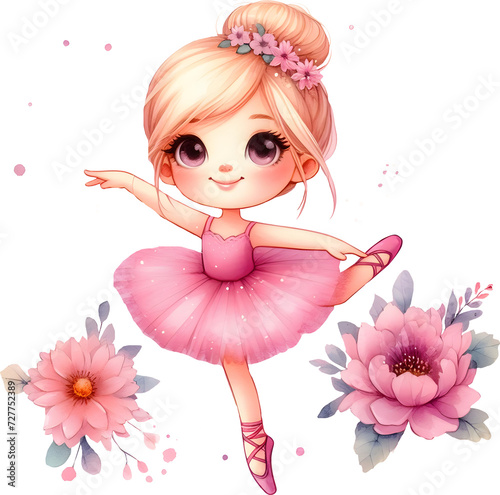 Cute Brown Hair Ballerina Girl Dancing. Little Caucasian Girl in Pink Tutu Dress and Pointe