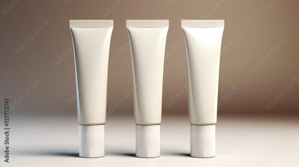 Close up of cream tubes group, product mock-up. Light background. Layout for cosmetics. Copy space. Generative AI Close up of cream tubes group, product mock-up. Light background. Layout for cosmetics. Copy space. Generative AI