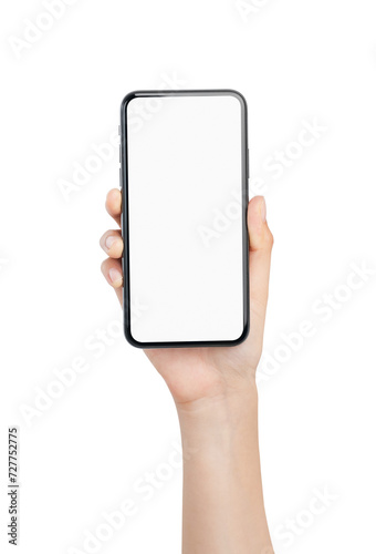 Hand holding the black smartphone with mockup of blank screen on isolated white background.