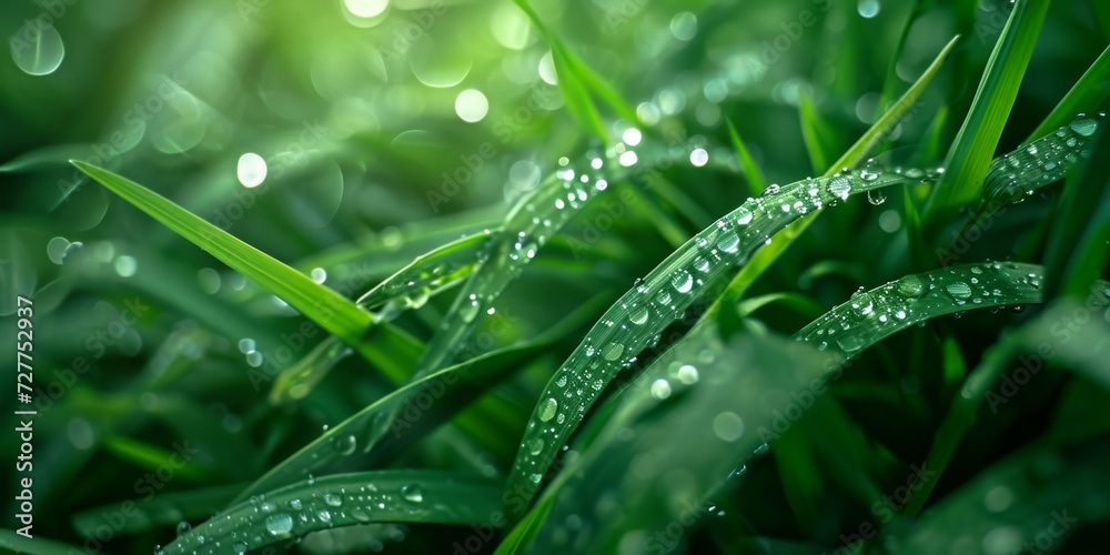 Naklejka premium Close-up of green grass with dew drops in the morning raindrop,