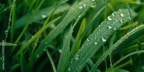 Close-up of green grass with dew drops in the morning raindrop 