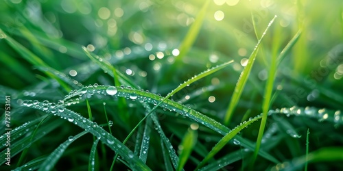 Close-up of green grass with dew drops in the morning raindrop,